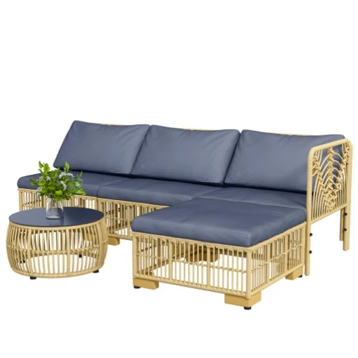 SET SALOTTO IN RATTAN DA GIARDINO CON DIVANO MODULABILE, CUSCINI E TAVOLINO DA CAFFÈ, GRIGIO - MAURY'S