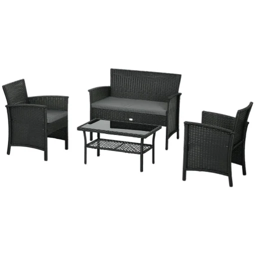 SALOTTO DA ESTERNO RATTAN PE CON DIVANETTO, 2 POLTRONE CON CUSCINI E TAVOLINO IN VETRO, NERO E GRIGIO - MAURY'S
