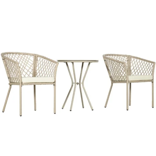 SET DA GIARDINO IN RATTAN CON 2 POLTRONCINE CON CUSCINI E TAVOLINO DA CAFFÈ IN VETRO, KHAKI - MAURY'S