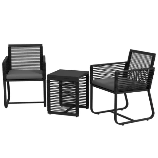 SET DA GIARDINO IN RATTAN CON 2 POLTRONCINE CON CUSCINI E TAVOLINO DA CAFFÈ IN VETRO, NERO - MAURY'S
