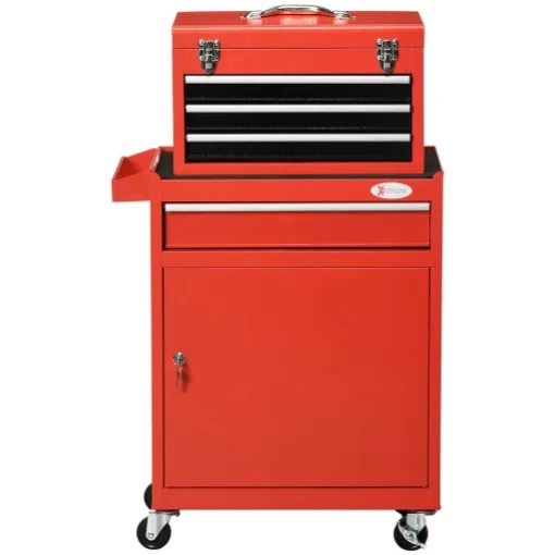 CARRELLO PORTA ATTREZZI 2 IN 1 CON CASSETTA RIMOVIBILE E ARMADIETTO CON CHIAVE IN ACCIAIO, ROSSO - MAURY'S