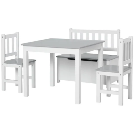 SET TAVOLO PER BAMBINI CON 2 SEDIE E CASSAPANCA IN LEGNO PER CAMERETTA, BIANCO E GRIGIO - MAURY'S