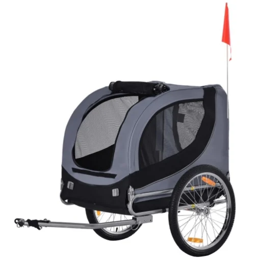 RIMORCHIO BICI PER CANI TAGLIA MEDIA CON FINESTRE LATERALI E BANDIERINA, 130X73X90 CM, GRIGIO E NERO - MAURY'S