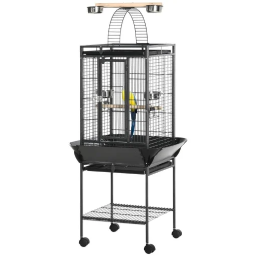 GABBIA PER PAPPAGALLINI CON 2 POSATOI E SCALA AD ARCO, IN ACCIAIO, 62.5X62.5X156 CM, GRIGIA - MAURY'S