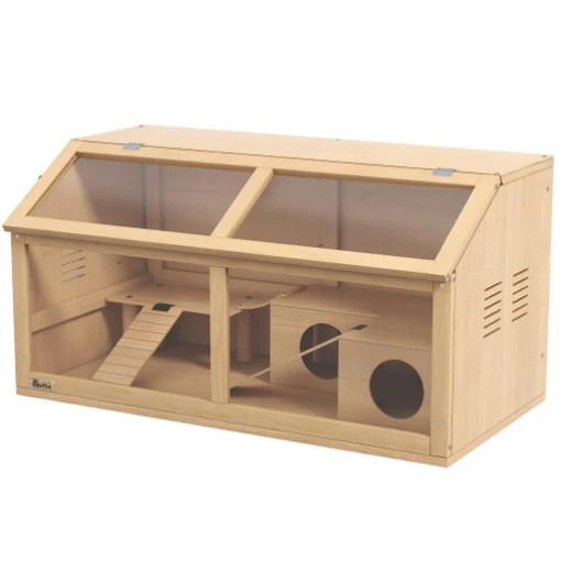 GABBIA PER CRICETI CON PIATTAFORMA, SCALETTE, CAPANNA E PONTE, IN LEGNO DI ABETE, 85X45X44 CM - MAURY'S