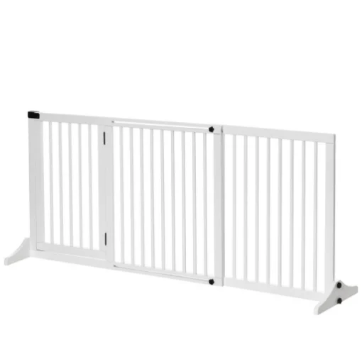 CANCELLINO PER CANI TAGLIA REGOLABILE A 3 PANNELLI, IN LEGNO DI PINO, 113-166X36X71 CM, BIANCO