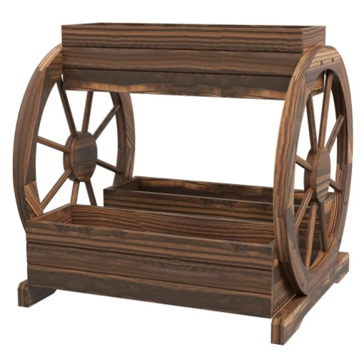 FIORIERA IN LEGNO DA ESTERNO A 2 LIVELLI CON 3 VASI E RUOTE DI CARRO STILE COUNTRY, 64X54X60CM - MAURY'S