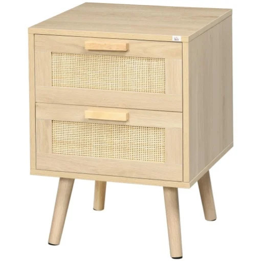 COMODINO PER CAMERA DA LETTO CON 2 CASSETTI IN STILE BOHO, 40X40X56CM, COLORE LEGNO NATURALE - MAURY'S