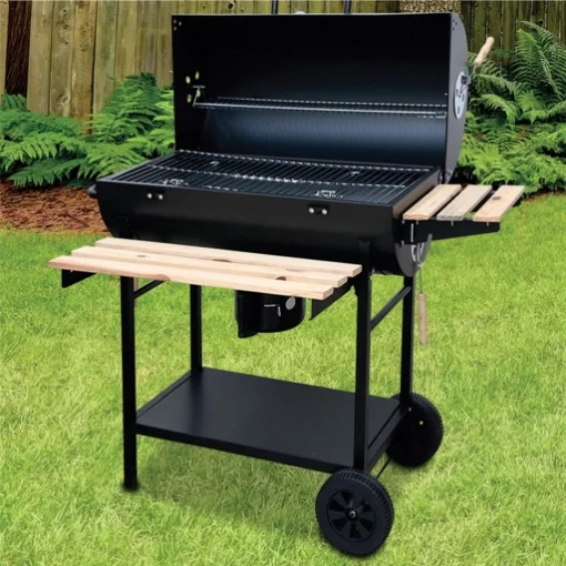 BARBEQUE RETTANGOLARE 108 X65 X102 CM CON COPERCHIO + RIPIANI IN LEGNO E RUOTE OKX - MA MAISON