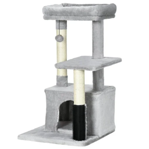 ALBERO TIRAGRAFFI PER GATTI MULTILIVELLO CON LETTINO E CASETTA, RIVESTIMENTO IN PELUCHE, GRIGIO - MAURY'S