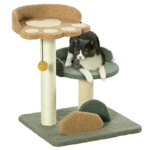 ALBERO TIRAGRAFFI PER GATTI CON 2 LETTINI, PALLINA E RIVESTIMENTO IN VELLUTO, 43X39X52CM - MAURY'S