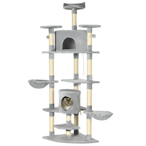 ALBERO TIRAGRAFFI PER GATTI ALTO CON CASETTE E AMACHE, 60X60X200CM, GRIGIO CHIARO - MAURY'S