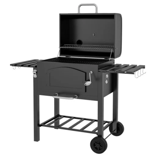 BARBECUE DA GIARDINO A 2 RUOTE CON GRIGLIA, AFFUMICATORE E FORNELLO, IN METALLO E GHISA, 124X66X112 CM, NERO - MAURY'S