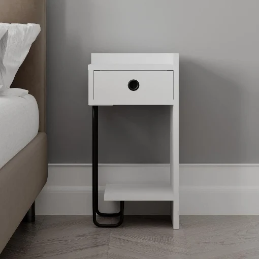 COMODINO SIRIUS BIANCO CON CASSETTO E GAMBA IN METALLO NERO - EFFEZETA