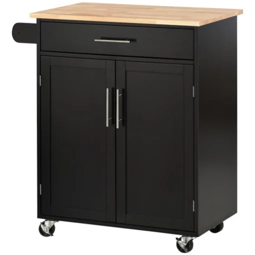 CARRELLO DA CUCINA CON CASSETTO E ARMADIETTO 2 ANTE, RUOTE E BARRA LATERALE, 83X45X91.5CM, NERO - MAURY'S