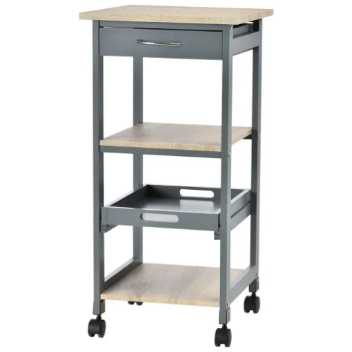 CARRELLO DA CUCINA PORTAVIVANDE CON CASSETTO, 2 RIPIANI E VASSOIO ESTRAIBILE, 37X37X76CM, GRIGIO - MAURY'S