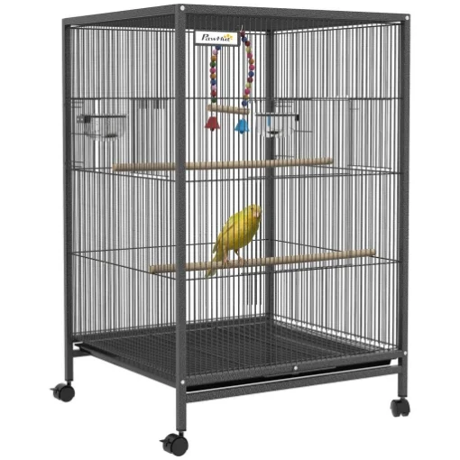 GABBIA PER UCCELLI IN ACCIAIO E PP CON 5 PORTE, 2 POSATOI E VASSOIO ESTRAIBILE, 48X46X74 CM, GRIGIO - MAURY'S