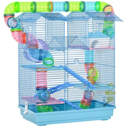 GABBIA PER CRICETI E RODITORI A 5 PIANI CON TUBI COLORATI, RUOTA, CASETTA E ACCESSORI INCLUSI, BLU, 47X30X59CM - MAURY'S