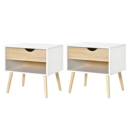 SET DI 2 COMODINI CON CASSETTO E MENSOLA, BASE RIALZATA E GAMBE IN LEGNO, 50X39X51CM, BIANCO E ROVERE - MAURY'S