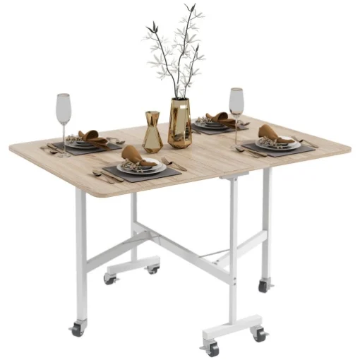 TAVOLO PIEGHEVOLE MODERNO A 2 RIBALTE CON ROTELLE IN MDF E ACCIAIO, 120X80X73CM, MARRONE - MAURY'S