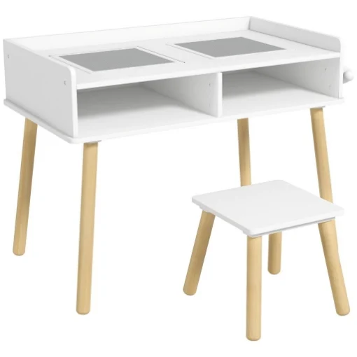 SET TAVOLINO PER BAMBINI CON SGABELLO, BANCHETTO CON PIANO REVERSIBILE E ROTOLO DI CARTA, BIANCO - MAURY'S