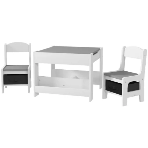 SET TAVOLINO PER BAMBINI E 2 SEDIE, PIANO DEL TAVOLO 2 IN 1 CON LAVAGNA E CONTENITORI, GRIGIO - MAURY'S