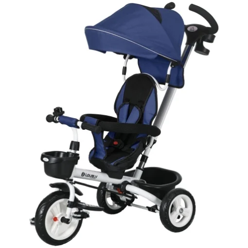 TRICICLO PASSEGGINO PER BAMBINI CON MANIGLIONE, PARASOLE REGOLABILE E CINTURA DI SICUREZZA, BLU SCURO - MAURY'S