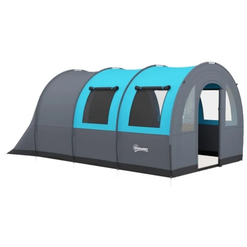 TENDA DA CAMPEGGIO 5 POSTI IMPERMEABILE CON ZONA NOTTE E GIORNO, IN POLIESTERE, 480X260X200 CM, GRIGIO E BLU - MAURY'S