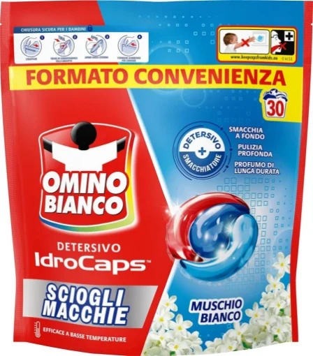 OMINO BIANCO IDROCAPS DETERSIVO LAVATRICE IN CAPSULE SCIOGLI MACCHIE 30 LAVAGGI PER BASSE TEMPERATURE MUSCHIO BIANCO