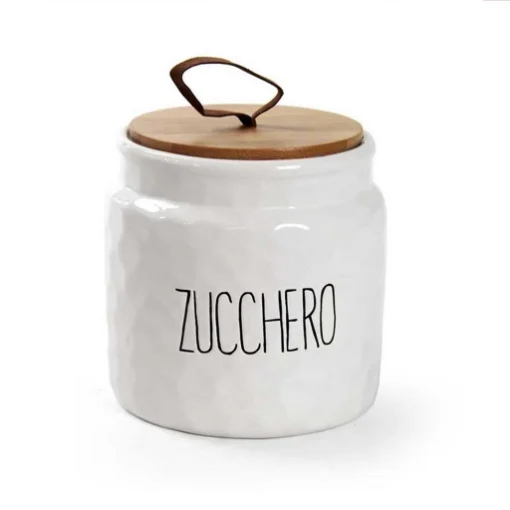 BARATTOLO MODELLO ONDULATO PER ZUCCHERO 14 CM BIANCO CON TAPPO IN LEGNO - MAURY'S