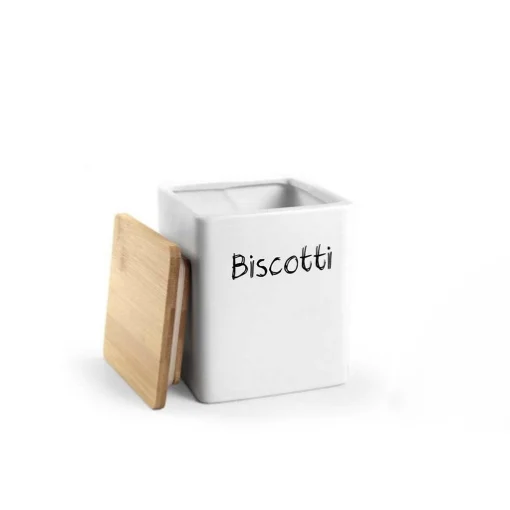 BISCOTTIERA IN CERAMICA QUADRATA 13X17CM CON TOP IN LEGNO - MAURY'S