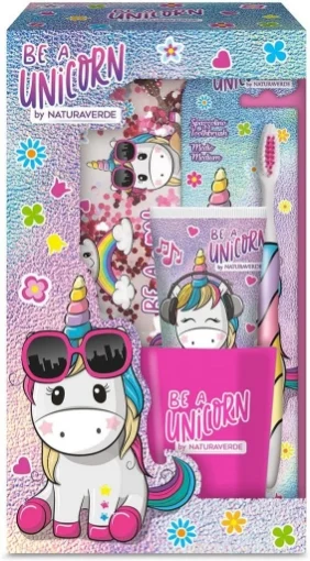 UNICORNO COFANETTO REGALO CON SPAZZOLINO DA DENTI MANUALE CON SETOLE MEDIE E DENTIFRICIO ALLA FRAGOLA, 75 ML - NATURA-VERDE