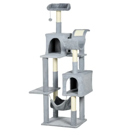 ALBERO TIRAGRAFFI PER GATTI CON AMACA, LETTINO E 2 CASETTE, IN TRUCIOLATO E PELUCHE, 55X49X177 CM, GRIGIO E BIANCO - MAURY'S