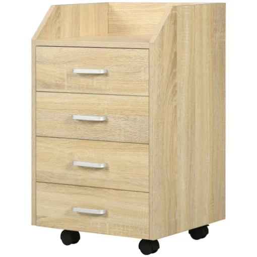 CASSETTIERA DA UFFICIO IN LEGNO CON 4 CASSETTI, RUOTE E BORDI RIALZATI, 40X36X65CM, LEGNO NATURALE - MAURY'S
