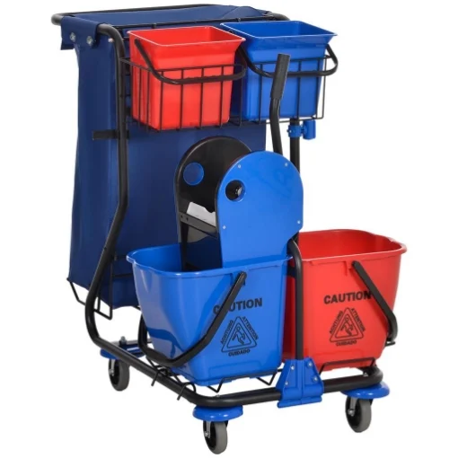 CARRELLO PULIZIE CON SACCO PER IMMONDIZIA, 4 SECCHI E STRIZZATORE PER MOCIO, 93X80X97 CM, ROSSO BLU E NERO - MAURY'S