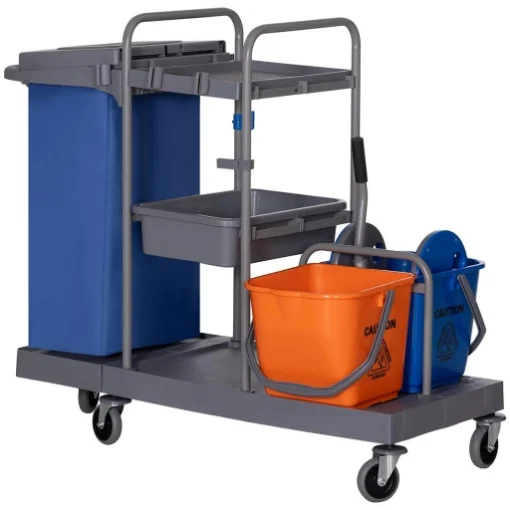 CARRELLO PULIZIE A 3 RIPIANI CON SACCO PER IMMONDIZIA E STRIZZATORE, 111X63.3X103 CM, GRIGIO BLU E ARANCIONE - MAURY'S