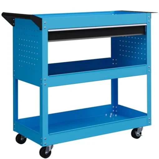 CARRELLO PORTA ATTREZZI CON MANICO LATERALE, CASSETTO E 3 RIPIANI IN ACCIAIO, 82X35X76 CM, BLU - MAURY'S