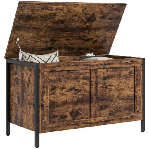 CASSAPANCA IN LEGNO DA 95L STILE INDUSTRIALE CON COPERCHIO E CERNIERA DI SICUREZZA, 80X40X49CM, MARRONE - MAURY'S