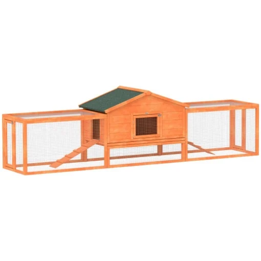 CONIGLIERA DA ESTERNO CON CASETTA, RAMPE E 2 RECINTI IN LEGNO, 309X69.5X87CM, ARANCIONE - MAURY'S