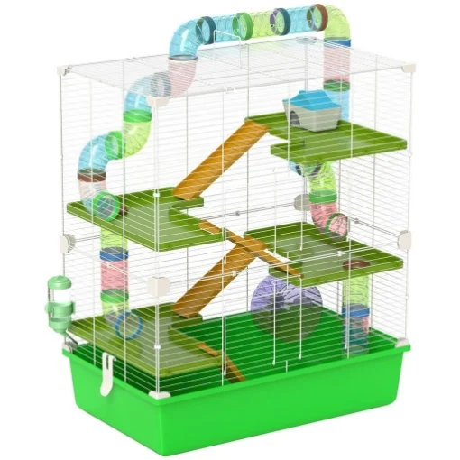 GABBIA CRICETI A 5 LIVELLI CON TUBI, CASETTA, SERBATOIO E RUOTA, IN ACCIAIO, PP E PS, 59X36X69 CM, VERDE E BIANCA - MAURY'S