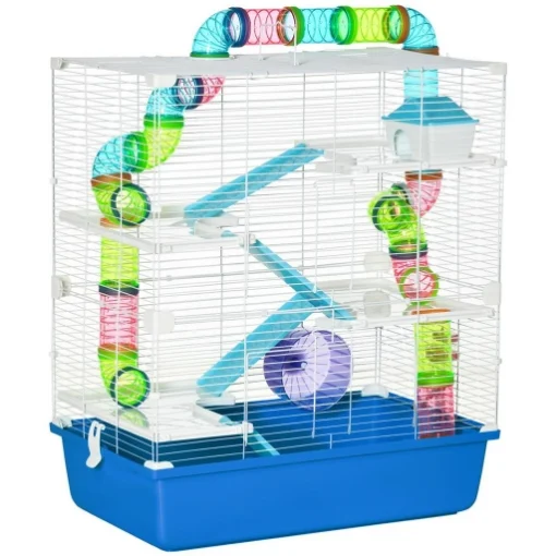 GABBIA CRICETI A 5 LIVELLI CON TUBI, CASETTA, SERBATOIO E RUOTA, IN ACCIAIO, PP E PS, 59X36X69 CM, BLU E BIANCA - MAURY'S
