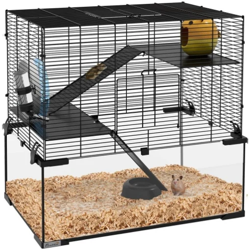 GABBIA PER CRICETI A 3 LIVELLI CON RUOTA, RAMPE E FONDO RIMOVIBILE, 60X40X57CM, NERO - MAURY'S
