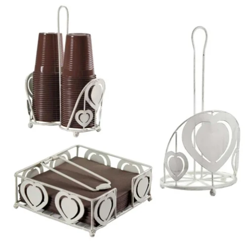 SET DA CUCINA IN METALLO STILE SHABBY CHIC DESIGN CUORE IN COLORE BIANCO - MAURY'S