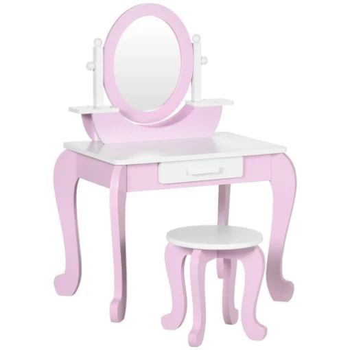SET TOELETTA TRUCCO PER BAMBINI CON TAVOLINO CON SPECCHI E SGABELLO, ETÀ 3-6 ANNI, ROSA