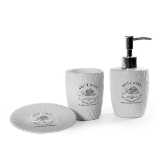 SET DA BAGNO IN CERAMICA DESIGN SWEET HOME CON DISPENSER, PORTA SAPONETTA E BICCHIERE IN COLORE BIANCO - MAURY'S