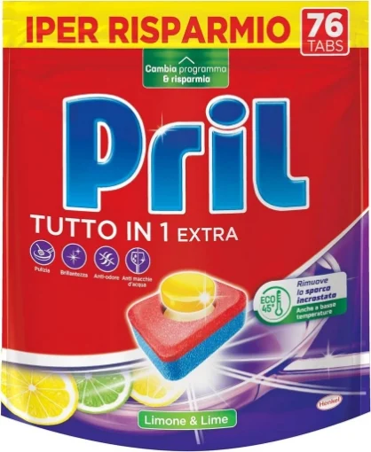 PRIL TUTTO IN 1 EXTRA TABS LIMONE & LIME PASTIGLIE PER LAVASTOVIGLIE EFFICACI GIÀ A 40° CON 8 AZIONI 76 TABS
