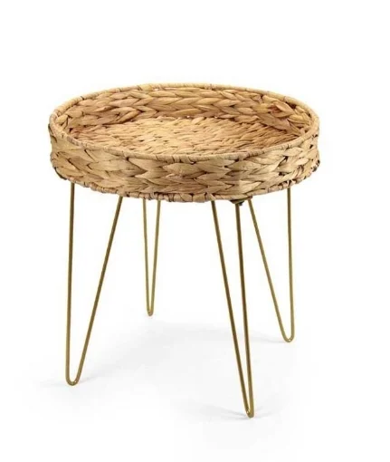 TAVOLINO TONDO IN PAGLIA GIACINTO D'ACQUA E METALLO CON GAMBE ORO IN METALLO EFFETTO VIMINI D.38X40H CM ARREDO - MAURY'S