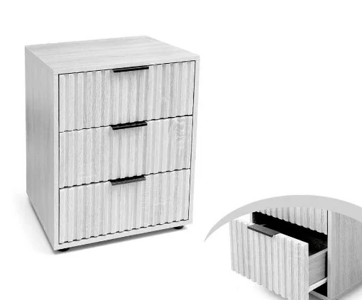 COMODINO IN LEGNO CON 3 CASSETTI STILE RIGATO E 3 MANIGLIE 50X40X64 CM COLORE BIANCO IN TRUCIOLARE E MELAMINICO - MAURY'S