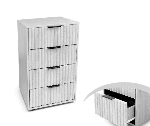 COMODINO IN LEGNO CON 4 CASSETTI STILE RIGATO E MANIGLIE 50X40X83 CM COLORE BIANCO IN TRUCIOLARE E MELAMINICO - MAURY'S