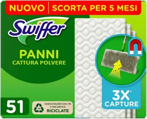 SWIFFER PANNI CATTURAPOLVERE 51 PZ CATTURA POLVERE E SPORCO OTTIMO PER TUTTI I TIPI DI PAVIMENTI E PER I PELI DI ANIMALI